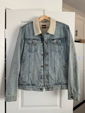 Rip Curl Light Blue Denim Bomber Jacket with Cream Sherpa Collar